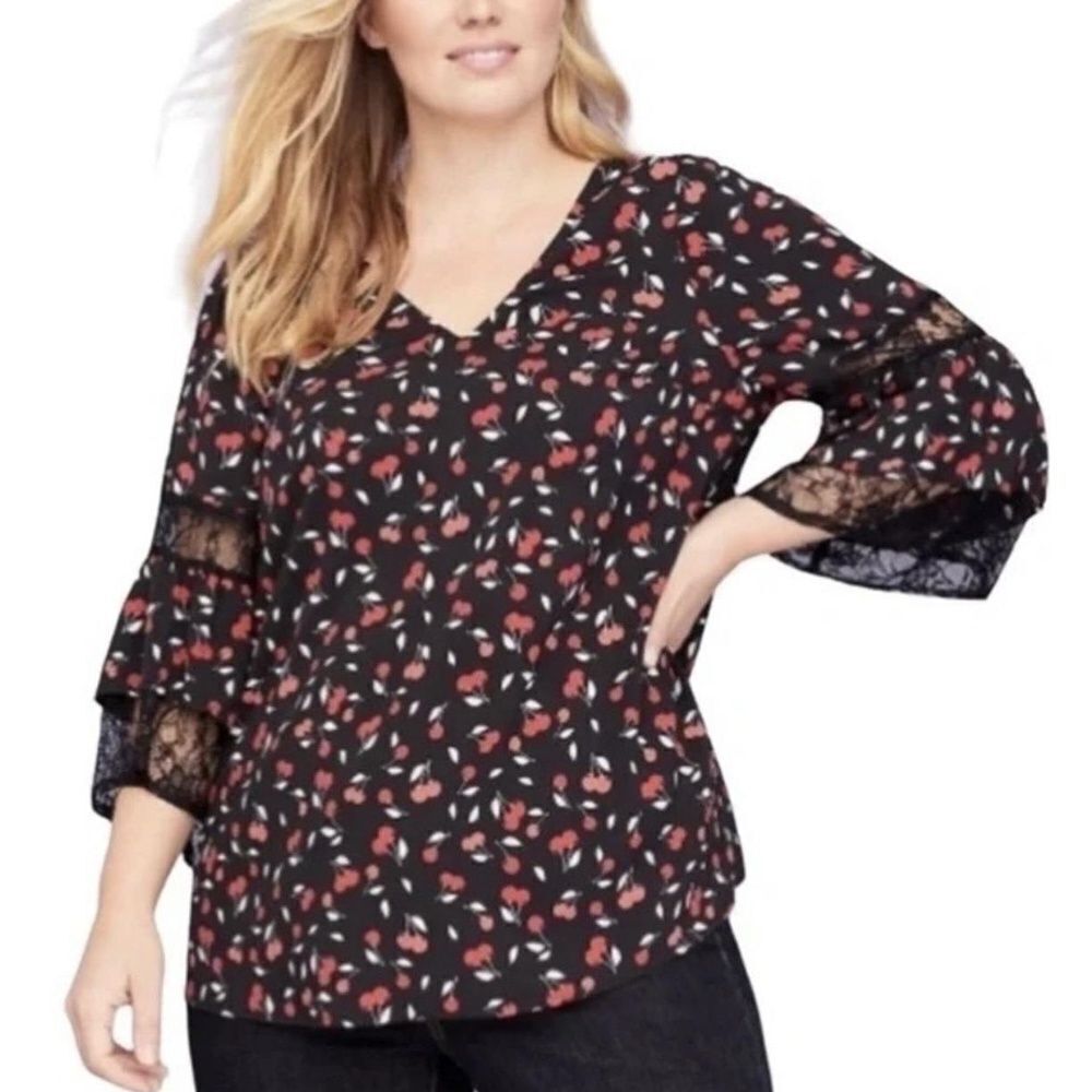 Lane Bryant 26/28 plus size Blouse Black Cherry Print Bell Sleeve Lace Retro